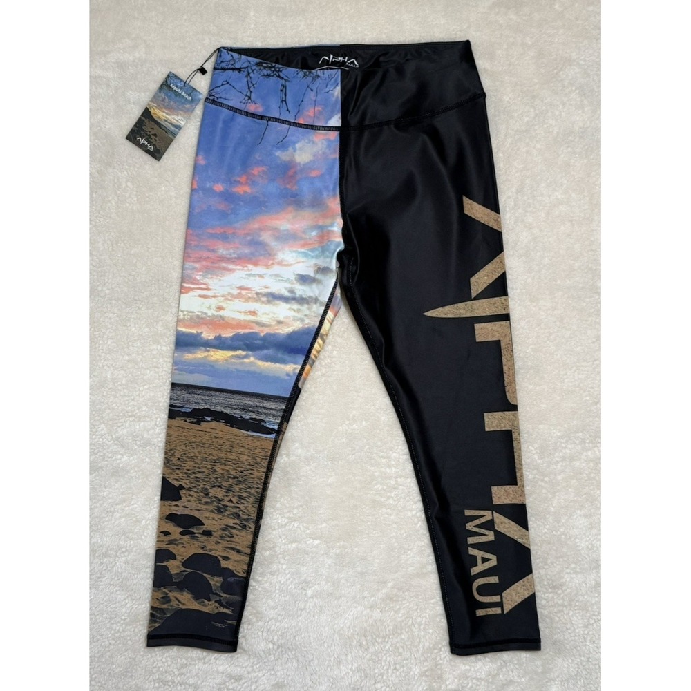 NEW Alpha Maui Sz XS Black Kepuhi Beach 3/4 Leggings Yoga Workout Spandex Hawaii